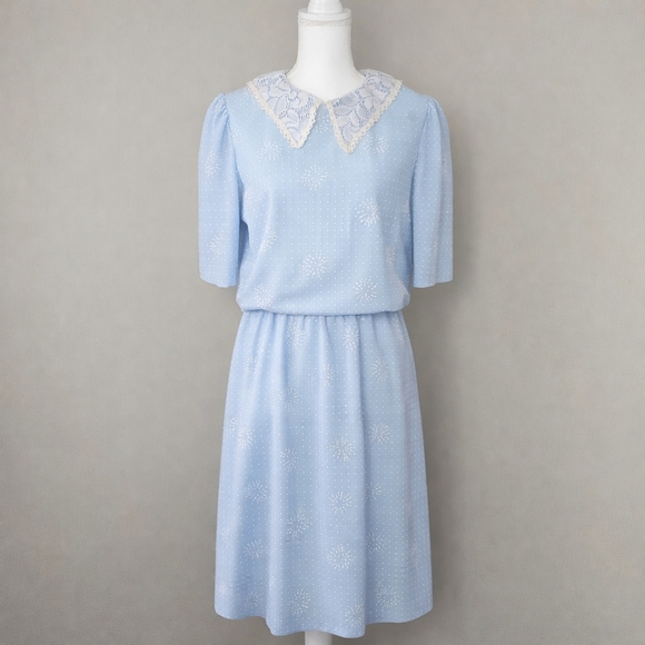 Vintage 1970s Blue Lace Collar Dress | Size 15–16 | Made in USA | Grandmacore - Picture 1 of 9